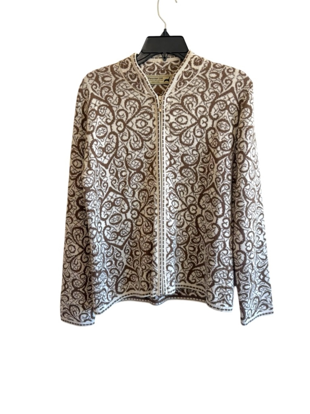 Peruvian Link Size Medium Brown White Print Alpaca Zip Up Sweater Cardigan Knit